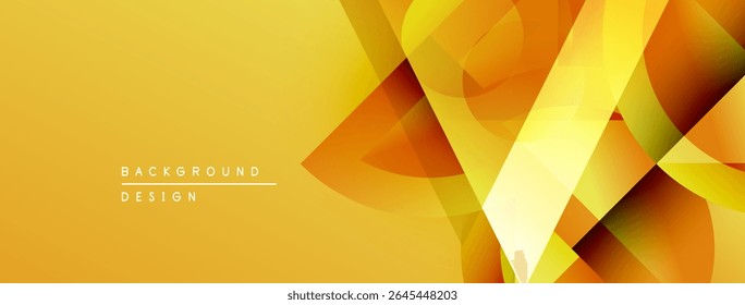 Abstract geometric shapes overlap, creating vibrant yellow, orange gradients. Design features dynamic lines, modern aesthetic.