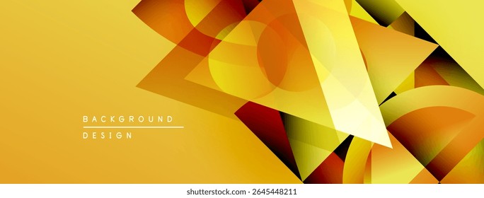 Abstract geometric shapes overlap, creating vibrant yellow, orange gradients. Design features text background, design. Modern aesthetic.