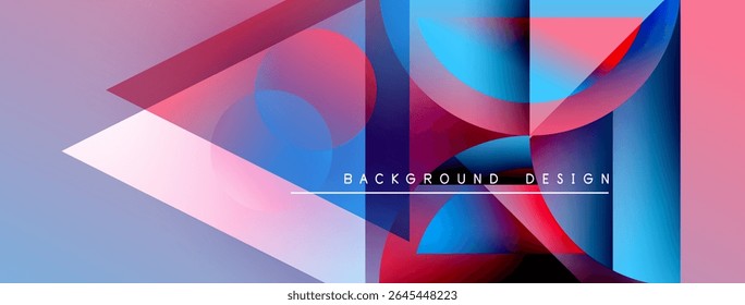 Abstract geometric shapes overlap, creating vibrant color gradients. Modern design features blue, pink, purple hues. Text reads background design.