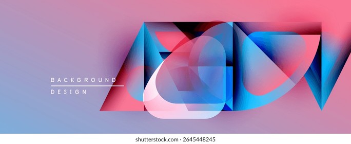 Abstract geometric shapes overlap, creating vibrant color gradients. Design features blue, pink, purple hues. Modern aesthetic.
