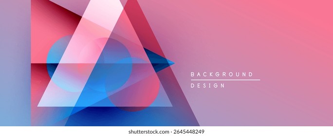 Formas geométricas abstratas se sobrepõem, criando rosas vibrantes, azuis, roxas. Fundo gradiente adiciona profundidade, estética moderna.