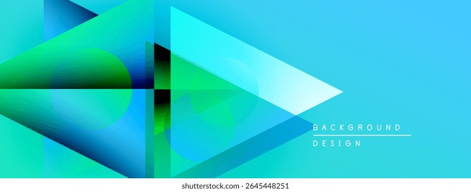 Abstract geometric shapes overlap, creating vibrant blue gradients. Modern design suggests technology, innovation, future concepts. Minimal text present.
