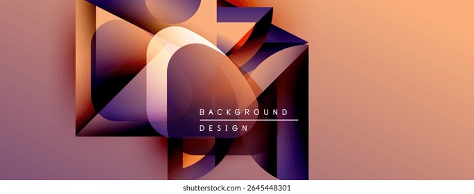 Abstract geometric shapes overlap, creating vibrant gradient effect. Background features warm orange, purple hues. Text reads background design.