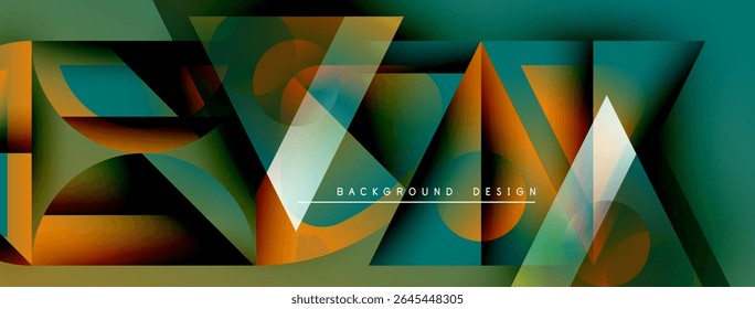 Abstract geometric shapes overlap, creating vibrant color gradients. Design features teal, orange, white hues. Modern background element.