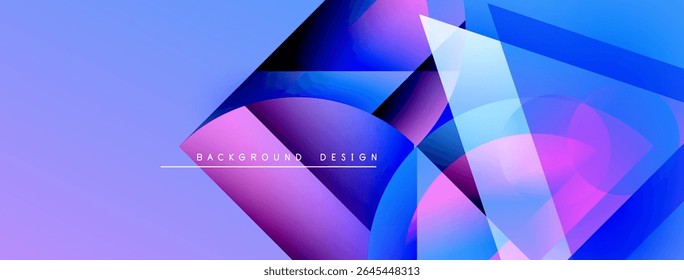 Abstract geometric shapes overlap, creating vibrant purple, blue gradients. Modern design features flowing lines, dynamic composition.