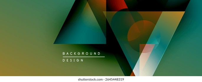 Abstract geometric shapes overlap, creating vibrant gradients. Design features teal, olive, red hues. Minimalist style, modern aesthetic.