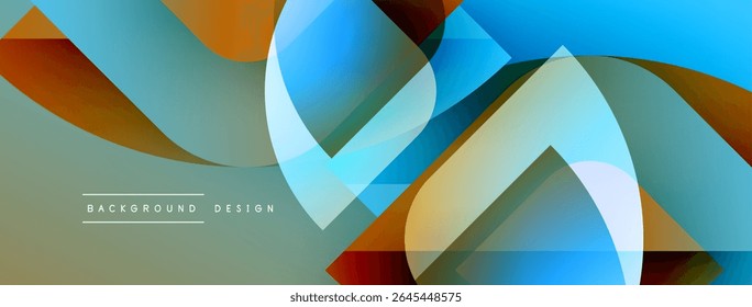 Formas geométricas abstratas se sobrepõem, criando gradientes de cores vibrantes. Elementos de design modernos sugerem fluidez, movimento, inovação.