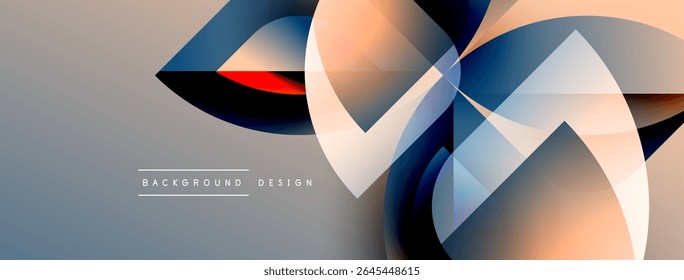 Formas geométricas abstratas se sobrepõem, criando composição dinâmica. Gradientes suaves misturam azuis, laranjas, brancos. Elemento de design moderno.