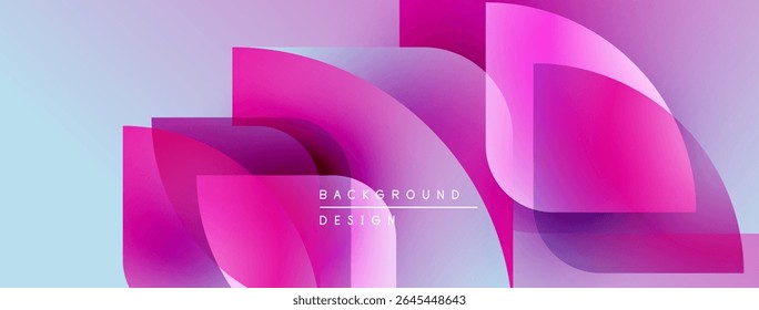 Formas geométricas abstratas se sobrepõem, criando vibrantes gradientes roxos e rosa. Fundo azul claro acrescenta profundidade, sensação moderna. Design inclui texto.