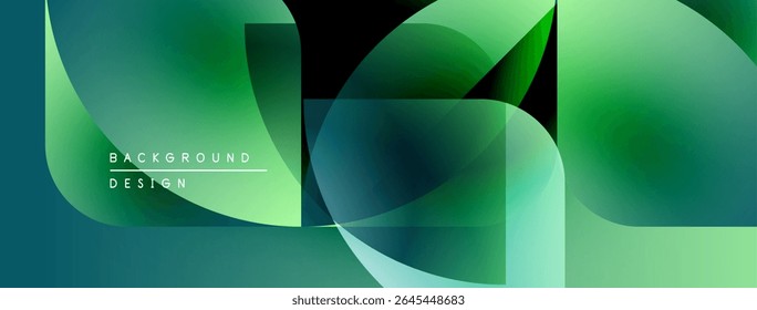Formas geométricas abstratas se sobrepõem, criando gradientes verdes vibrantes. O design moderno é fresco, dinâmico, visualmente atraente.