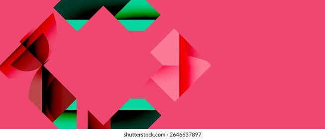 Formas geométricas abstratas se sobrepõem, criando composição dinâmica. O plano de fundo rosa contrasta com elementos vermelhos e verdes. Design moderno.