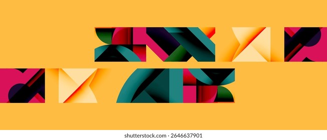 Abstract geometric shapes overlap, creating vibrant color blocks on yellow background. Modern design, bold contrasts present.