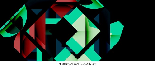 Abstract geometric shapes overlap, creating dynamic composition. Teal, red, white hues dominate dark background. Modern design.