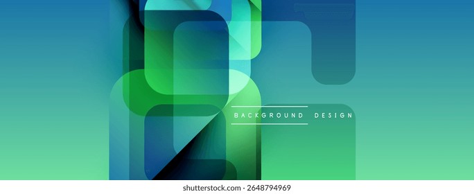 Abstract geometric shapes overlap, creating vibrant gradient background. Blue, green hues dominate composition. Modern design element.