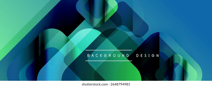 Abstract geometric shapes overlap, creating vibrant gradients. Blue, green hues dominate design, modern aesthetic. Text reads background design.