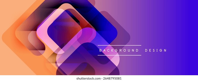 Abstract geometric shapes overlap, creating vibrant gradient effect. Orange, purple hues dominate composition. Modern design element.