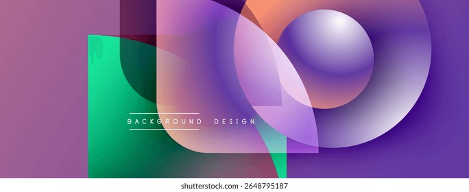 Formas geométricas abstratas se sobrepõem, criando vibrantes gradientes roxos e verdes. Elementos de design modernos sugerem fluidez, profundidade. Plano de fundo apresenta texto.
