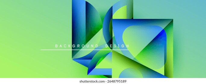 Abstract geometric shapes overlap, creating vibrant gradients. Light green background complements blue, yellow hues. Modern design element.