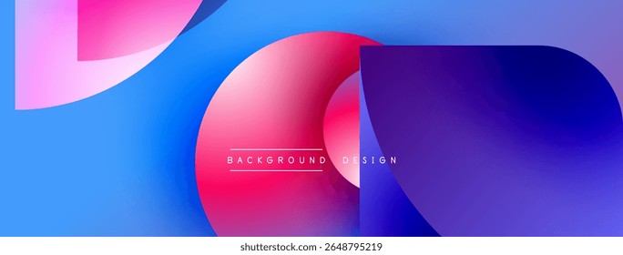 Abstract geometric shapes overlap, creating vibrant blue, pink gradients. Text reads background design centered within composition. Modern aesthetic.