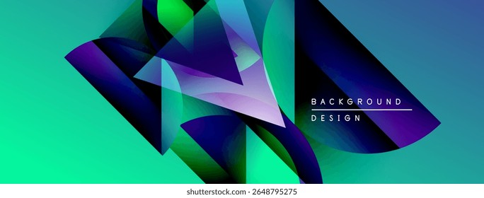 Abstract geometric shapes overlap, creating vibrant teal, purple gradients. Modern design element for backgrounds, presentations.