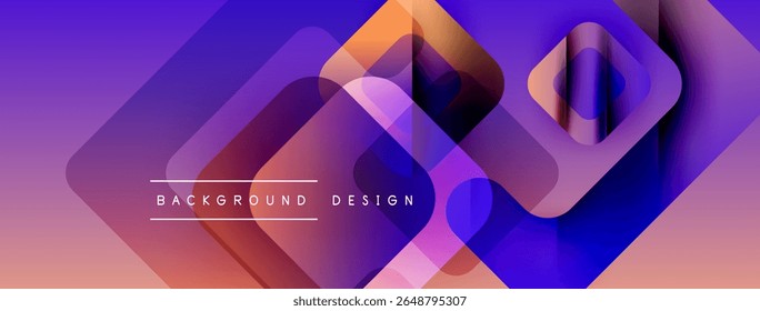 Abstract geometric shapes overlap, creating vibrant gradient effect. Purple, orange hues dominate design. Text reads background design.