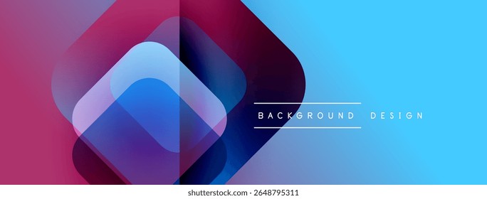 Abstract geometric shapes overlap, creating vibrant color gradients. Blue, purple, magenta hues blend smoothly. Modern design element.
