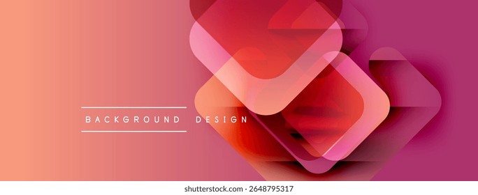 Abstract geometric shapes overlap, creating vibrant gradient background. Peach, pink, red hues dominate design. Modern aesthetic.