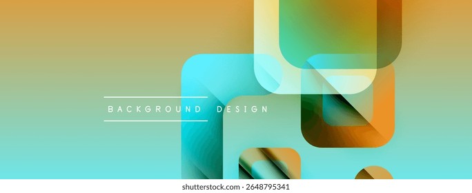 Abstract geometric shapes overlap, creating vibrant color gradients. Turquoise, orange, yellow hues dominate design. Minimalist text present.