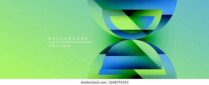 Abstract geometric shapes overlap, creating dynamic visual effect. Gradient colors blend from green to blue. Modern design element.