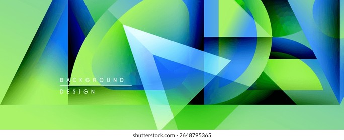 Abstract geometric shapes overlap, creating vibrant green, blue gradients. Modern design elements suggest dynamic visual experience.