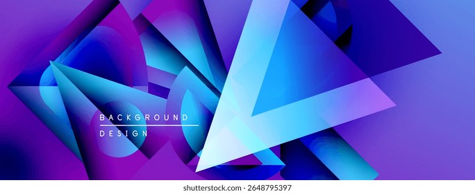 Formas geométricas abstratas se sobrepõem, criando vibrantes gradientes roxos e azuis. Design moderno sugere energia dinâmica, profundidade visual.