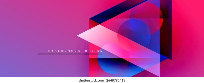 Abstract geometric shapes overlap, creating vibrant color gradients. Purple, blue, pink hues dominate design. Modern aesthetic.