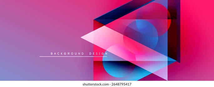 Abstract geometric shapes overlap, creating vibrant pink, blue gradients. Text reads background design. Modern visual composition.
