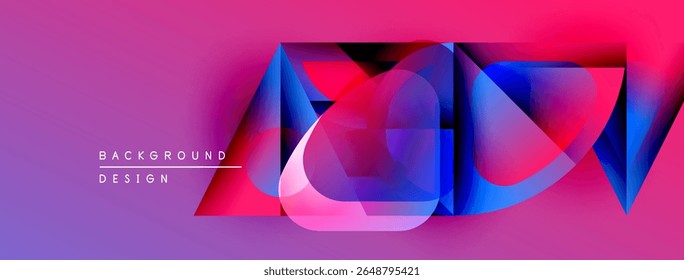 Abstract geometric shapes overlap, creating vibrant color gradients. Pink, blue, purple hues dominate design. Modern aesthetic.