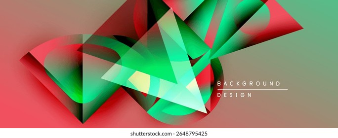 Formas geométricas abstratas se sobrepõem, criando gradientes de cores vibrantes. Vermelho, verde, preto dominam o design, sugerindo profundidade, movimento.