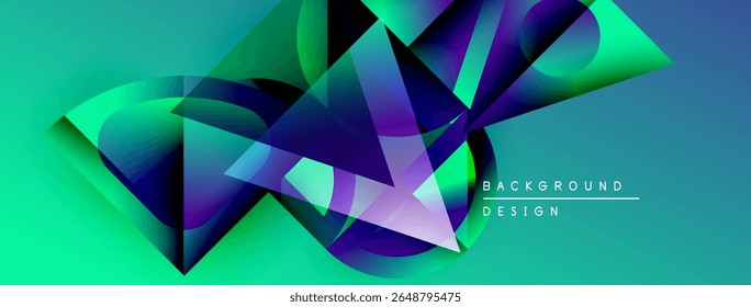 Formas geométricas abstratas se sobrepõem, criando gradientes vibrantes em azul-petróleo e roxo. Elementos de design modernos sugerem movimento dinâmico, profundidade.