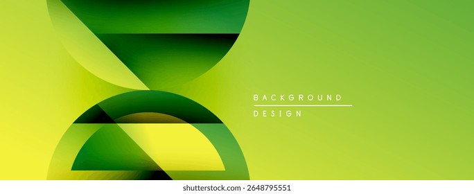 Abstract geometric shapes overlap, creating vibrant green, yellow gradients. Minimalist design with text elements present. Modern aesthetic.