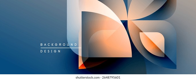 Abstract geometric shapes overlap, creating vibrant color gradients. Blue, orange, white hues blend seamlessly. Modern design element.