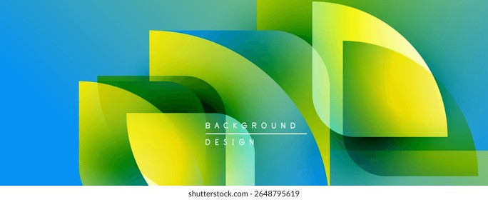 Abstract geometric shapes overlap, creating vibrant gradients. Blue, green, yellow hues dominate design. Modern aesthetic.
