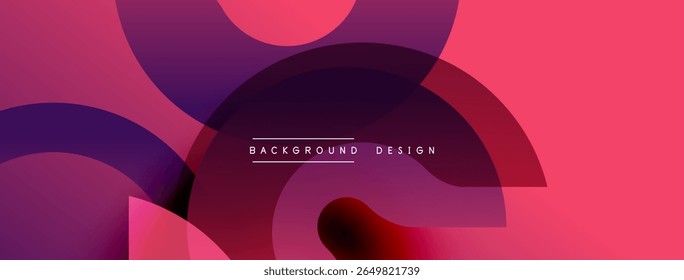 Formas geométricas abstratas se sobrepõem, criando vibrantes gradientes roxos e rosa. Elementos de design modernos sugerem experiência visual dinâmica.