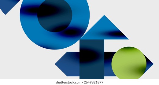 Abstract geometric shapes overlap, creating gradients. Blue dominates, with green accent. Minimalist design, modern aesthetic.
