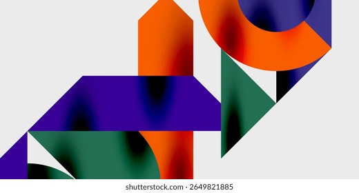 Abstract geometric shapes overlap, creating vibrant color gradients. Composition features orange, purple, teal against black, white background.