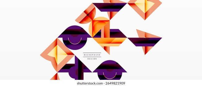 Abstract geometric shapes overlap, creating dynamic visual texture. Orange, purple, beige tones dominate design. Minimalist style.