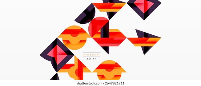 Formas geométricas abstratas se sobrepõem, criando textura visual dinâmica. Laranja, vermelho, tons pretos dominam fundo branco. Elemento de design moderno.