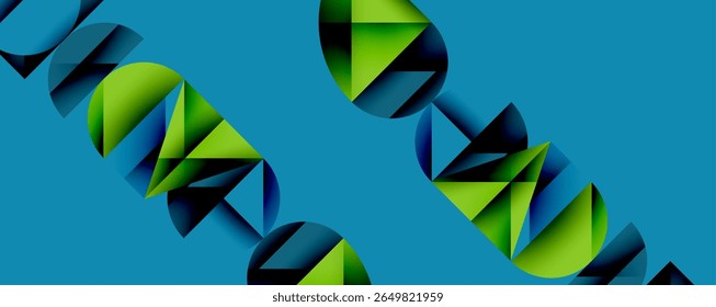Abstract geometric shapes overlap, creating dynamic visual pattern. Colors blendgreen, blue, blackon bright background.