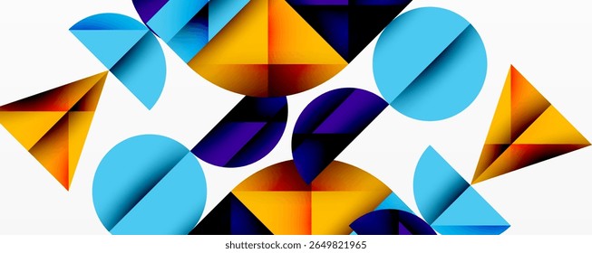 Abstract geometric shapes overlap, creating vibrant color contrasts. Circles, triangles, squares form dynamic composition. Modern design.