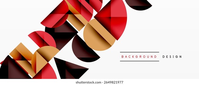 Abstract geometric shapes overlap, creating dynamic composition. Red, brown, gold hues dominate white background. Modern design element.