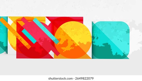 Abstract geometric shapes overlap, creating vibrant color blocks. Text neon displayed using colorful rectangles, circles. Minimalist design.