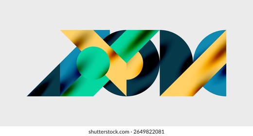 Abstract geometric shapes overlap, creating vibrant colorful design. Yellow, teal, navy dominate composition. Modern aesthetic.