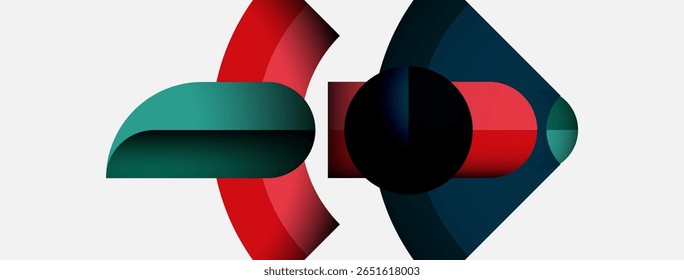 Abstract geometric shapes overlap, creating dynamic composition. Red, teal, black hues dominate white background. Modern design elements present.